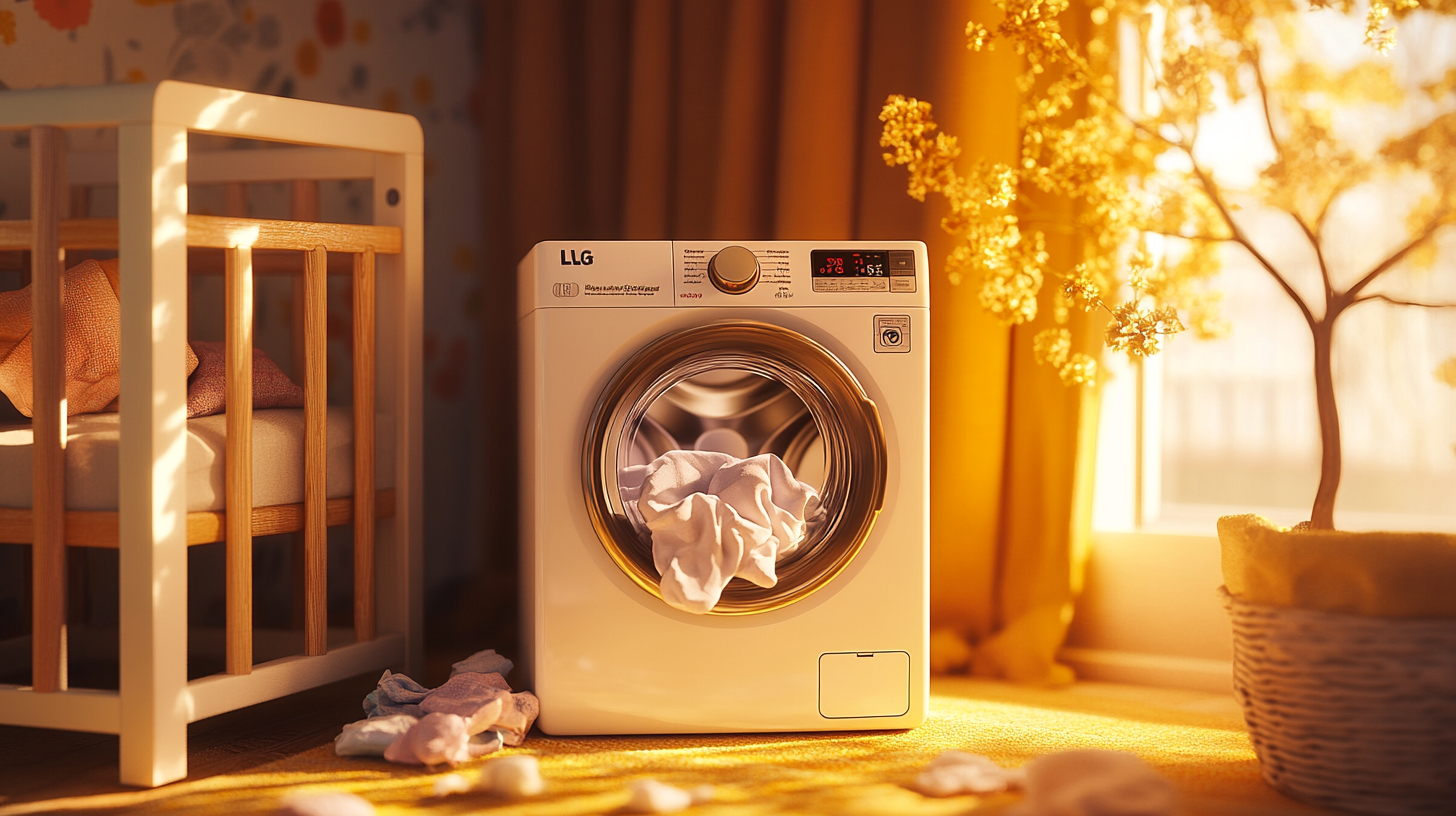 아기 옷을 세탁하는 작지만 강력한 LG 미니 세탁기가 생동감 넘치는 아늑한 방에 놓여져 있는 모습, 효율적인 소형 세탁기의 장점을 나타냄.