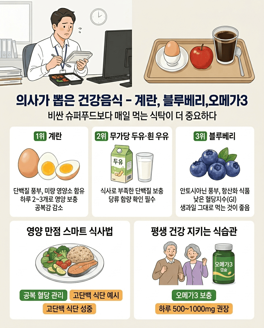 의사가 뽑은 건강 음식 (계란, 블루베리, 오메가3)