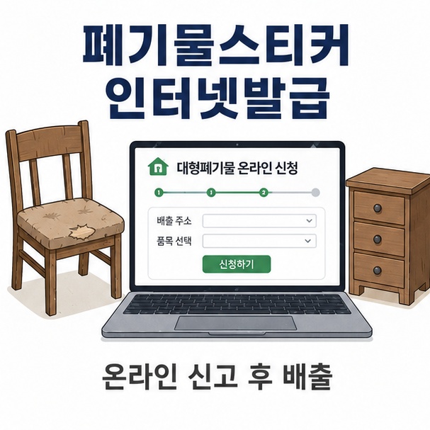 낡은 의자와 서랍장 옆에서 컴퓨터로 대형폐기물 배출을 신청하는 모습을 통해 폐기물스티커 인터넷발급 방법을 보여 주는 그림