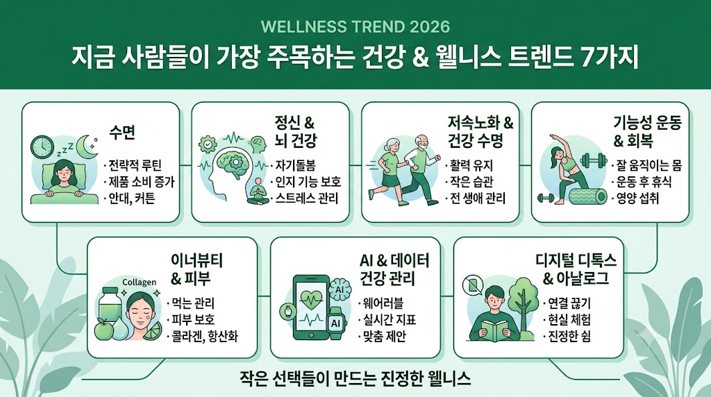 WELLNESS TREND 2026 '지금 사람들이 가장 주목하는 건강 & 웰니스 트렌드 7가지' 인포그래픽 일러스트. 7가지 핵심 트렌드인 수면, 정신&뇌 건강, 저속노화&건강 수명, 기능성 운동&회복, 이너뷰티&피부, AI&데이터 건강 관리, 디지털 디톡스&아날로그가 각각 귀여운 2D 일러스트 아이콘 및 핵심 요약 키워드와 함께 깔끔한 카드 레이아웃으로 정리되어 있습니다. 하단에는 '작은 선택들이 만드는 진정한 웰니스'라는 문구가 포함되어 있습니다.