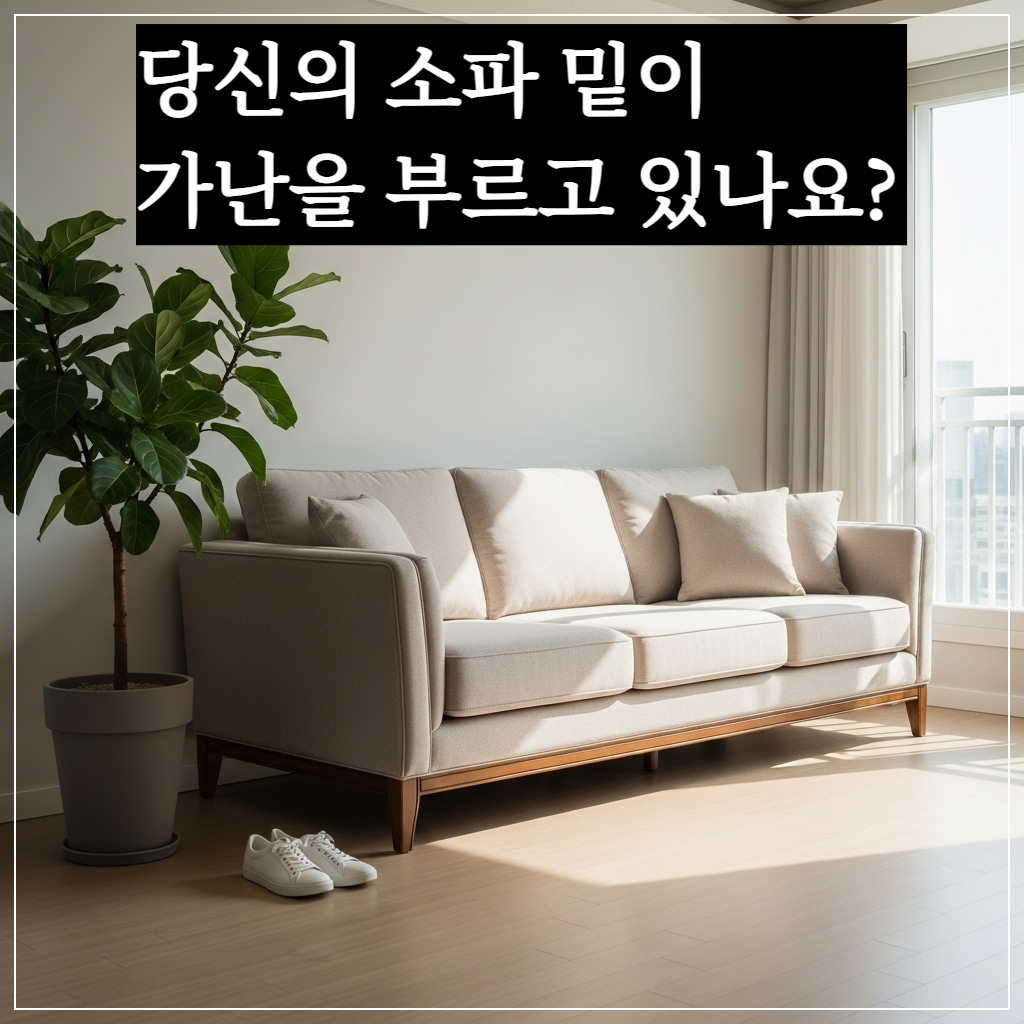 깨끗하게 정돈된 소파 아래 공간과 조화를 이루는 현대적인 거실 풍수 인테리어 모습