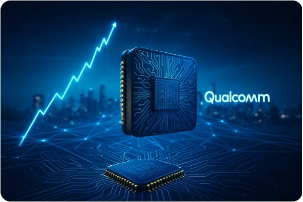 퀄컴 반도체 칩이 미래 도시와 네트워크를 연결하며 성장 기회를 상징하는 이미지