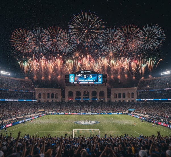 LAFC 3 - 0 인터 마이애미 CF를 나타내는 전광판, 밤의 경기장 위로 터지는 불꽃놀이, 축제 분위기.