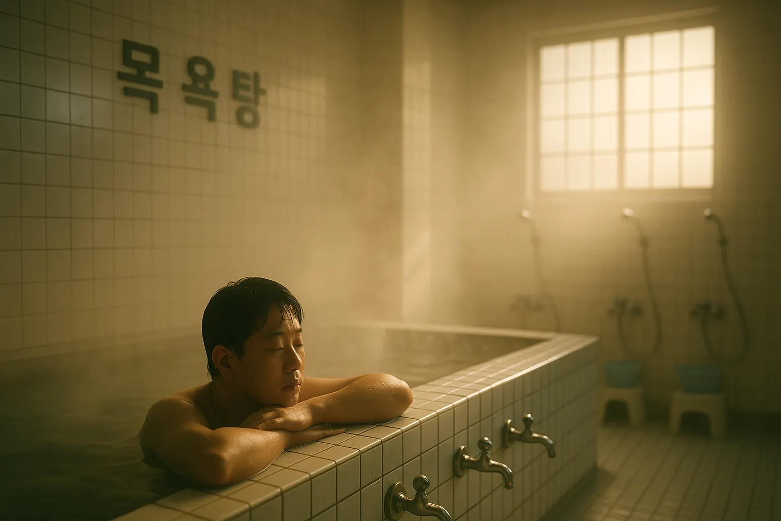 때밀이를 하기위해 목욕탕에 간 남성의 모습