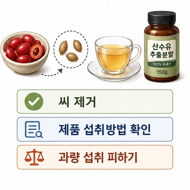 산수유 과육과 씨, 찻잔과 제품 라벨로 씨 제거와 제품 섭취방법 확인을 보여주는 이미지