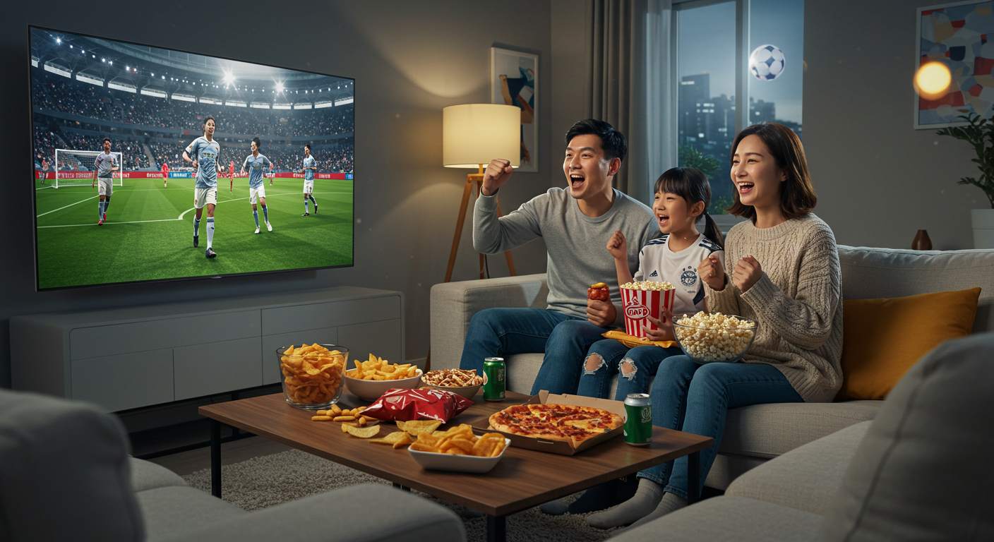 A Korean family sitting on a cozy sofa, watching a Premier League match streaming on a large smart TV, cheering with snacks and drinks 프리미어리그 축구 중계를 스마트TV로 시청하며 간식을 들고 환호하는 한국 가족 모습, 쿠팡플레이 스포츠 시청