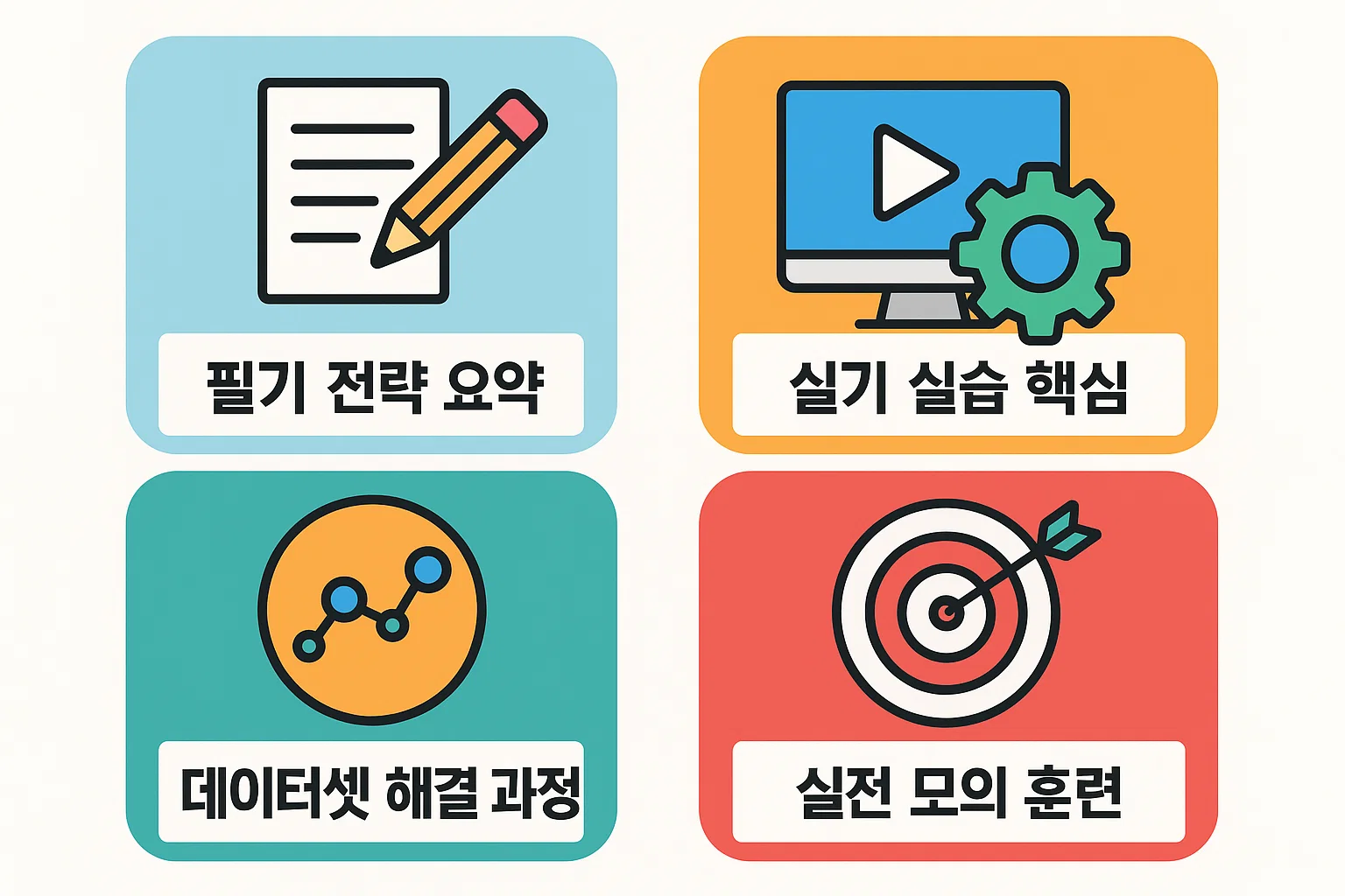 필기 전략 요약, 실기 실습 핵심, 데이터셋 문제 해결 과정, 실전 모의 훈련 등 합격률을 높이기 위한 실전 전략을 정리한 정보 이미지