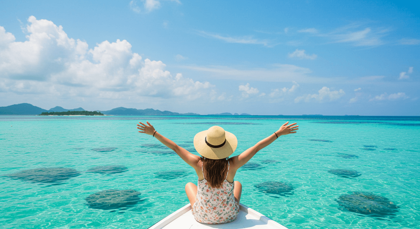 세계여행을 하고 있는 바다위의 여자 사진