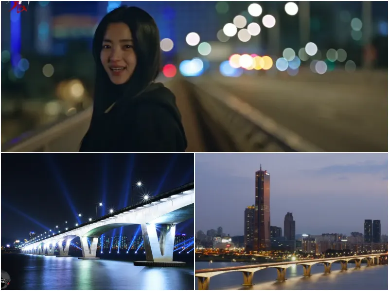 악귀 촬영지인 원효대교 인도에 서서 미소짓고 있는 구산영