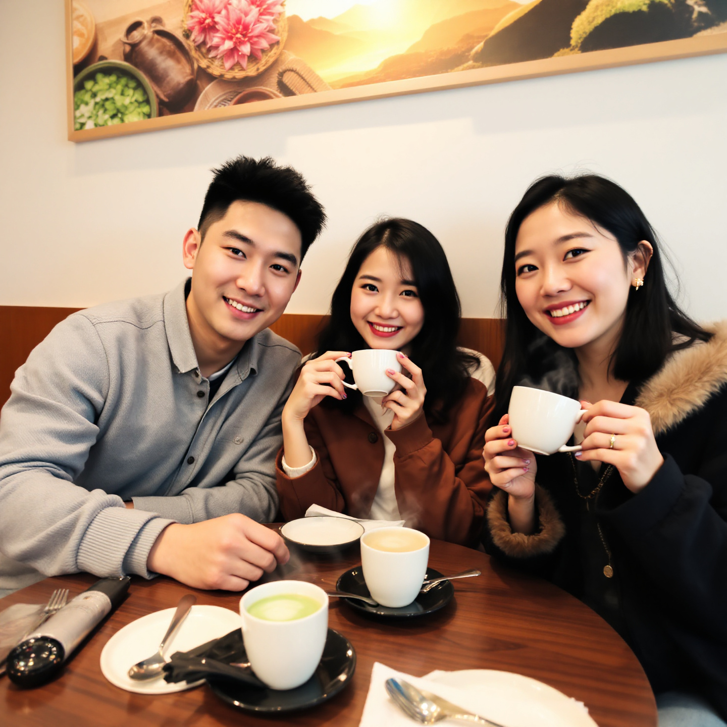 따뜻한 차를 마시고 있는 남녀