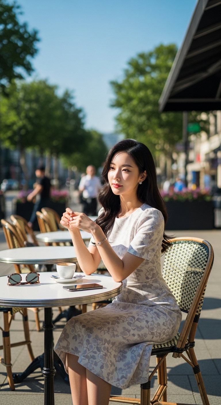 맑은 여름 하늘 아래 야외 카페에 앉아 있는 우아한 여성의 전신 컷