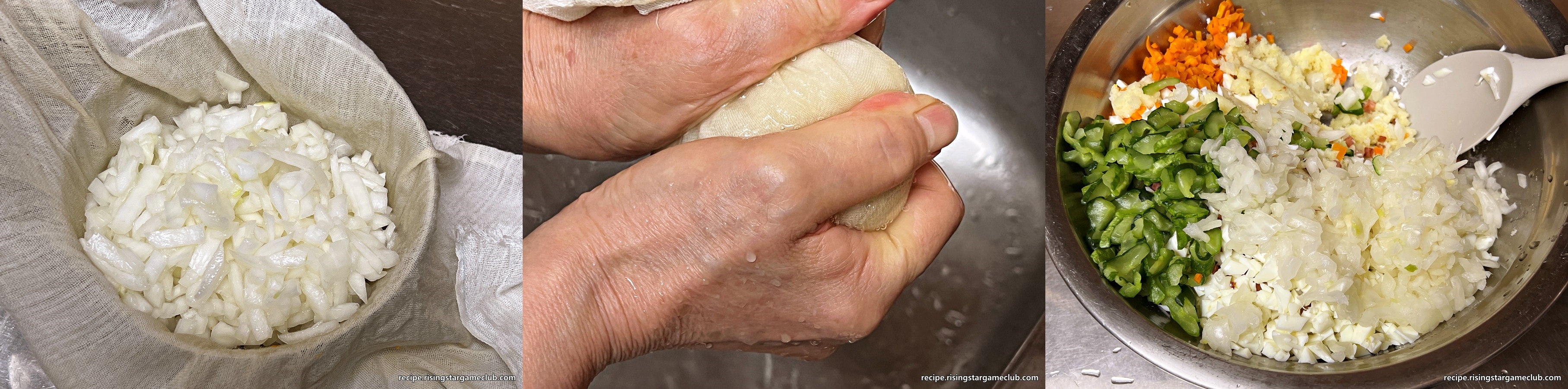 샐러드 빵 (사라다 빵)에 들어갈 으깬 감자에 절인 양파의 물기를 보자기로 짜서 넣어주는 사진