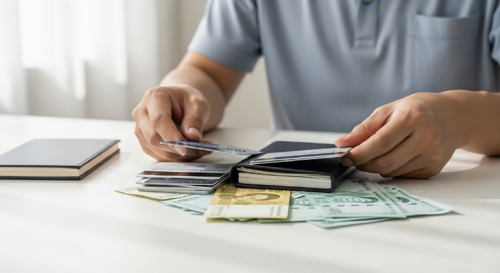 신용카드와 통장, 흩어진 고지서 정리하는 손