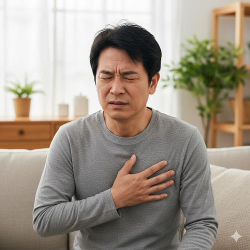 중년 남성이 한 손을 가슴 중앙 부위에 대고 얼굴을 찌푸리며 가슴 쓰림 통증을 느끼고 있는 모습.
