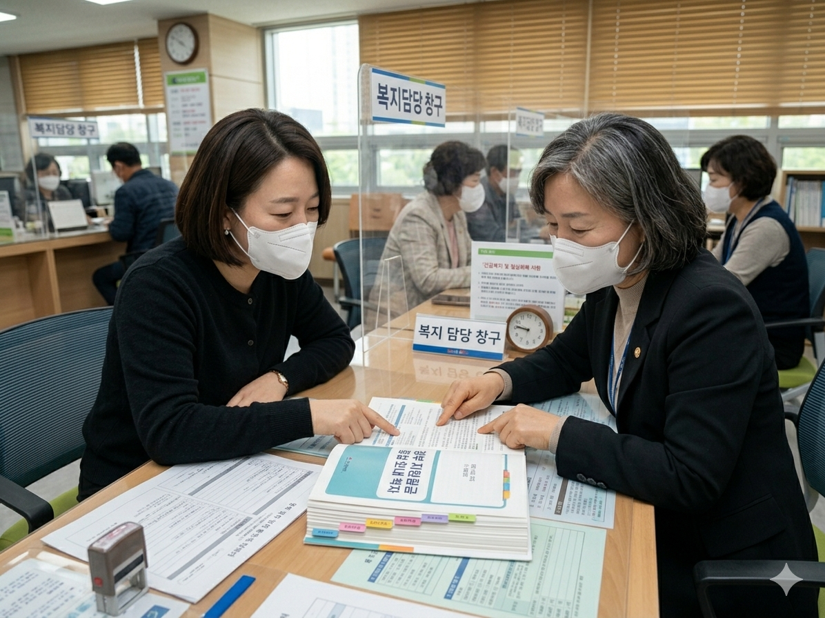 한국의 주민센터 민원 창구에서 마스크를 쓴 한국인 여성과 복지 담당 공무원이 두꺼운 정부 지원금 안내 책자를 함께 보며 손가락으로 짚어가며 상담하는 장면