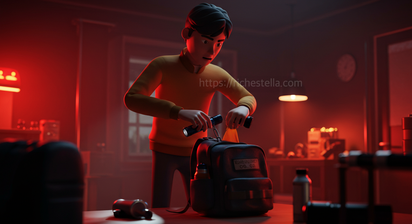 손전등과 비상물품을 챙기는 청년