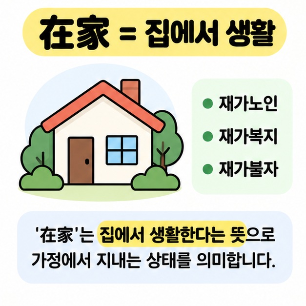 재가 在家가 집에서 생활하거나 출가하지 않은 상태를 뜻하며 재가노인과 재가복지에 쓰이는 점을 보여주는 카드