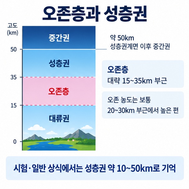 오존층이 성층권 안의 약 15에서 35km 부근에 분포하고 20에서 30km 부근에서 농도가 높은 편이라는 이미지