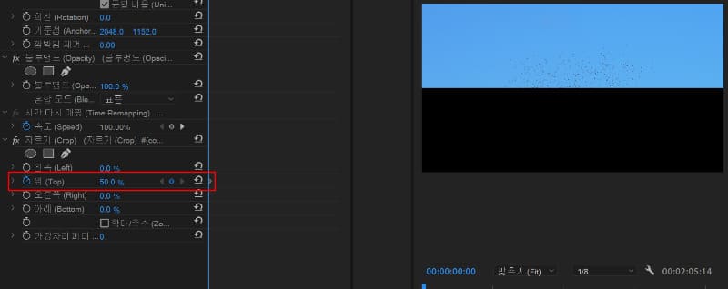 자르기 효과 - 재생헤드를 시작 지점에 놓고 50%