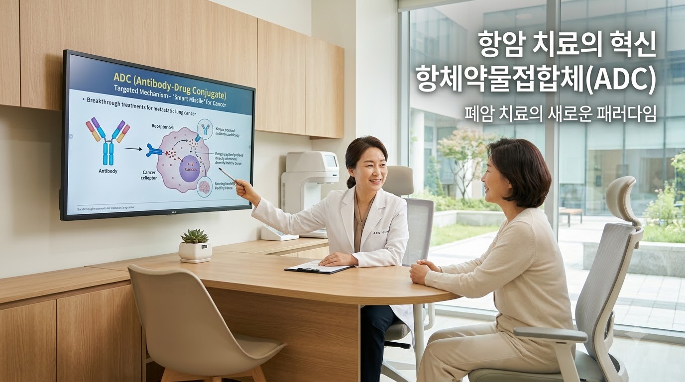 첨단 정밀 의료 진료 환경이 갖춰진 밝고 신뢰감 주는 진료실에서 종양내과 전문의와 환자가 밝은 표정으로 항체약물접합체(ADC)의 스마트 유도미사일 작용 원리 및 폐암 치료의 새로운 패러다임 차트를 함께 보며 차분하게 상의하고 있는 모습. '항암 치료의 혁신 항체약물접합체(ADC)', '폐암 치료의 새로운 패러다임'이라는 문구가 적혀 있어, ADC를 통한 폐암 치료의 혁신과 희망을 시각화함.