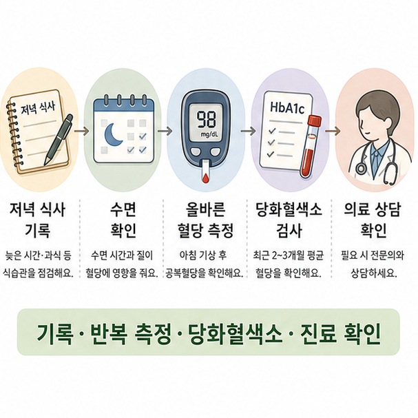 저녁 식사 기록, 반복 측정, 당화혈색소 검사, 진료 확인으로 정리한 공복혈당 관리 순서