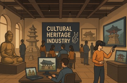 전통 불상과 석탑 옆에서 가상현실과 컴퓨터로 문화유산 콘텐츠를 체험하는 사람들의 모습