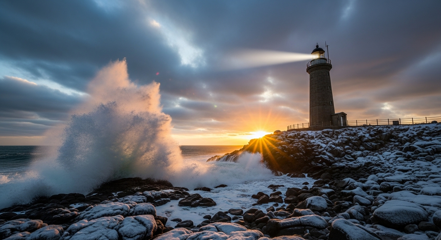 울산 간절곶의 등대와 파도치는 겨울 바다, 웅장한 자연 경관.