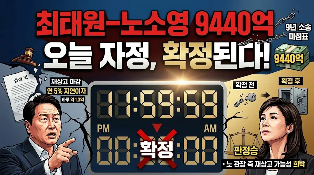 법원 건물과 시계, 자정을 향해가는 시침이 강조된 이미지