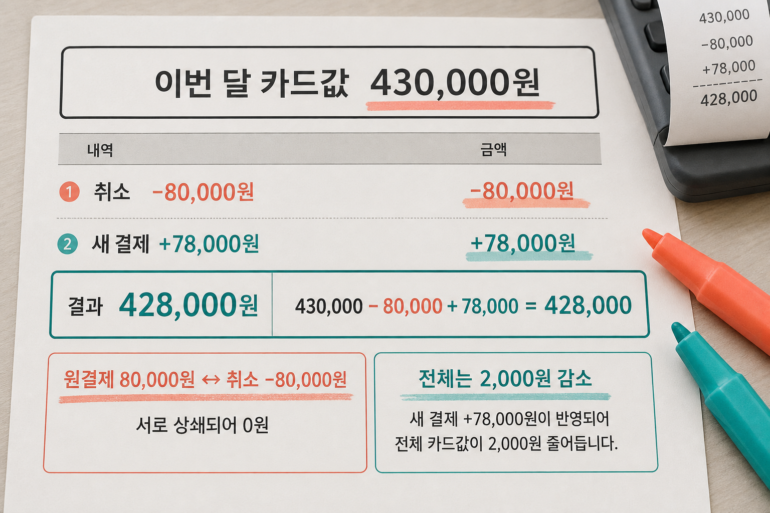 이번 달 카드값 43만 원에서 취소 8만 원과 새 결제 7만8천 원을 반영하면 42만8천 원이 되는 계산 예시