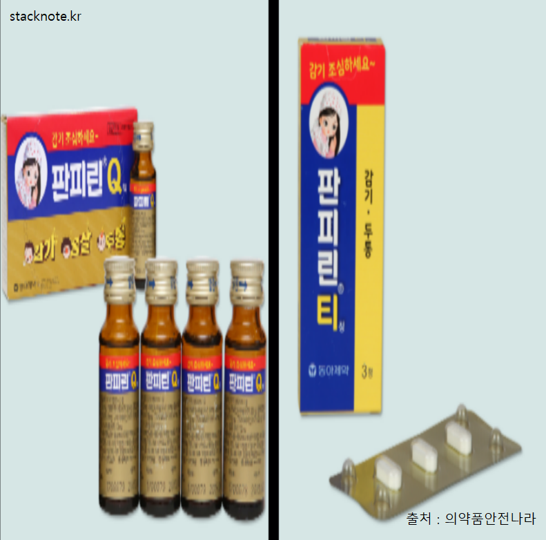 약국용 판피린 큐(액상)와 편의점용 판피린 티(정제) 제품 외형 및 제형 차이 비교 이미지
