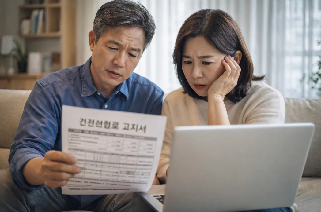 40~50대 한국 부부가 건강보험료 관련 서류를 확인하며 피부양자 자격 상실을 걱정하는 장면