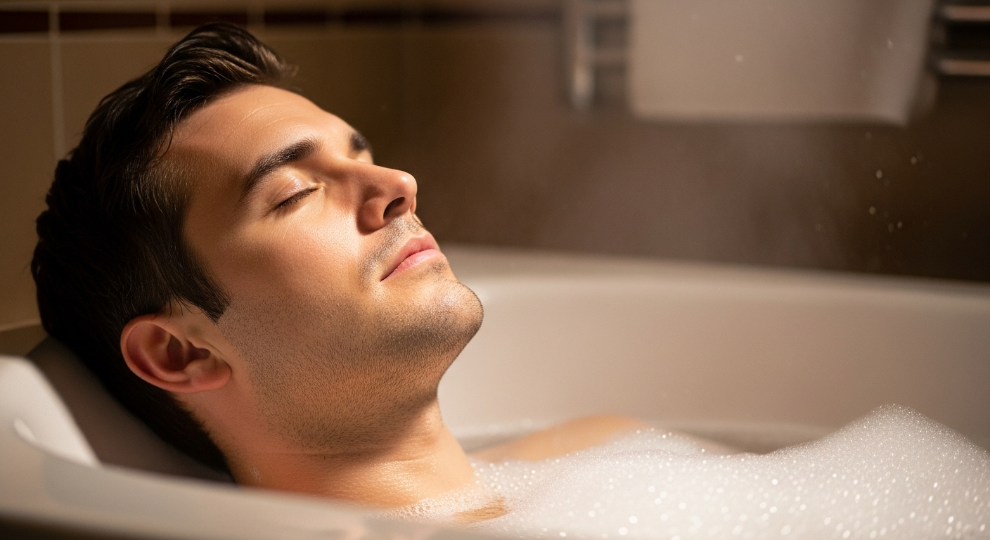 욕조에 누워 편안한 수면을 준비하는 남성의 이미지