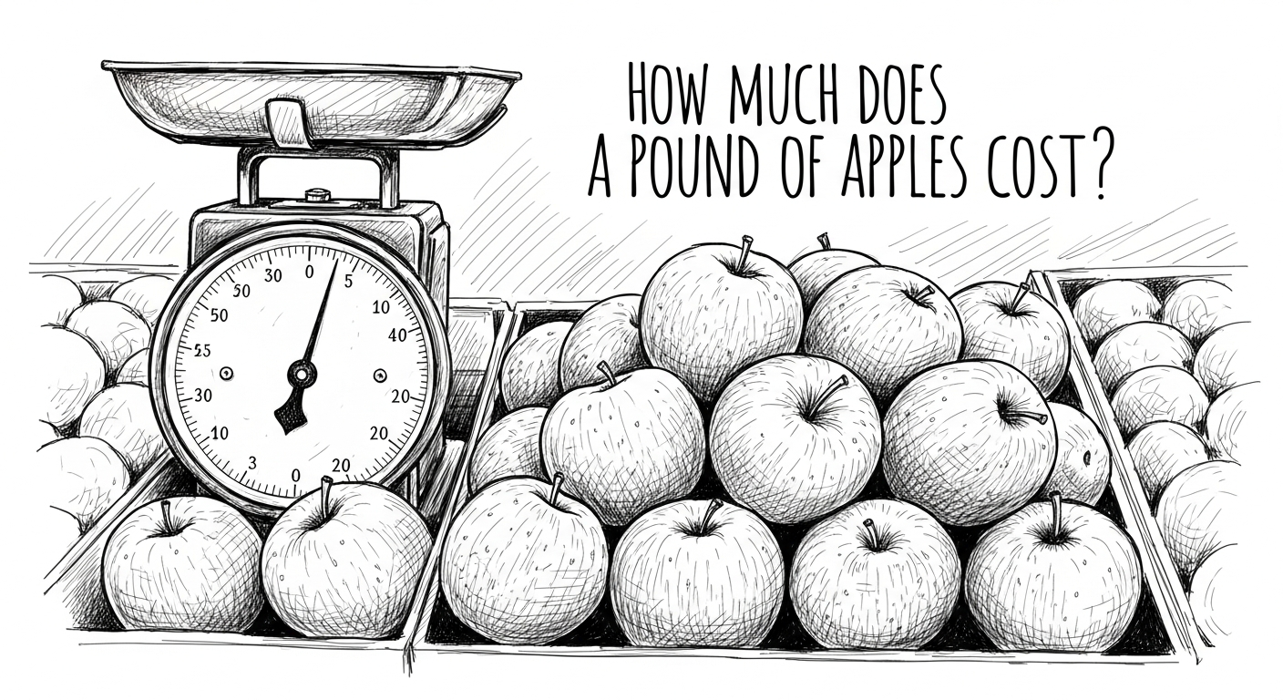 사과와 무게를 재는 저울, 파운드당 가격 문의