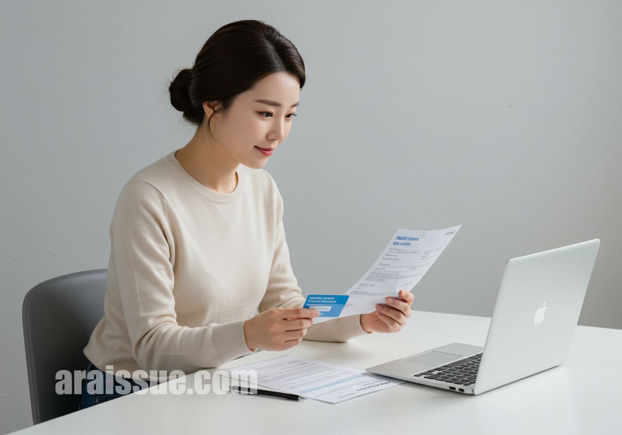 한국인 여성이 병원비 계산서를 검토하며 건강보험 카드를 확인하는 모습. 책상 위에 노트북과 의료 관련 서류가 놓여 있습니다.