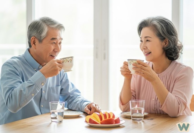 식탁에서 커피를 마시며 대화하는 중년 부부 via canva