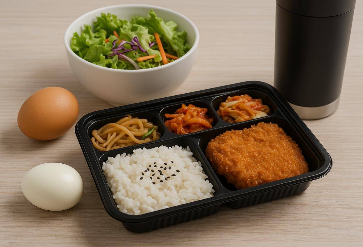 샐러드와 달걀, 돈까스 도시락이 식탁에 놓여 있는 모습.