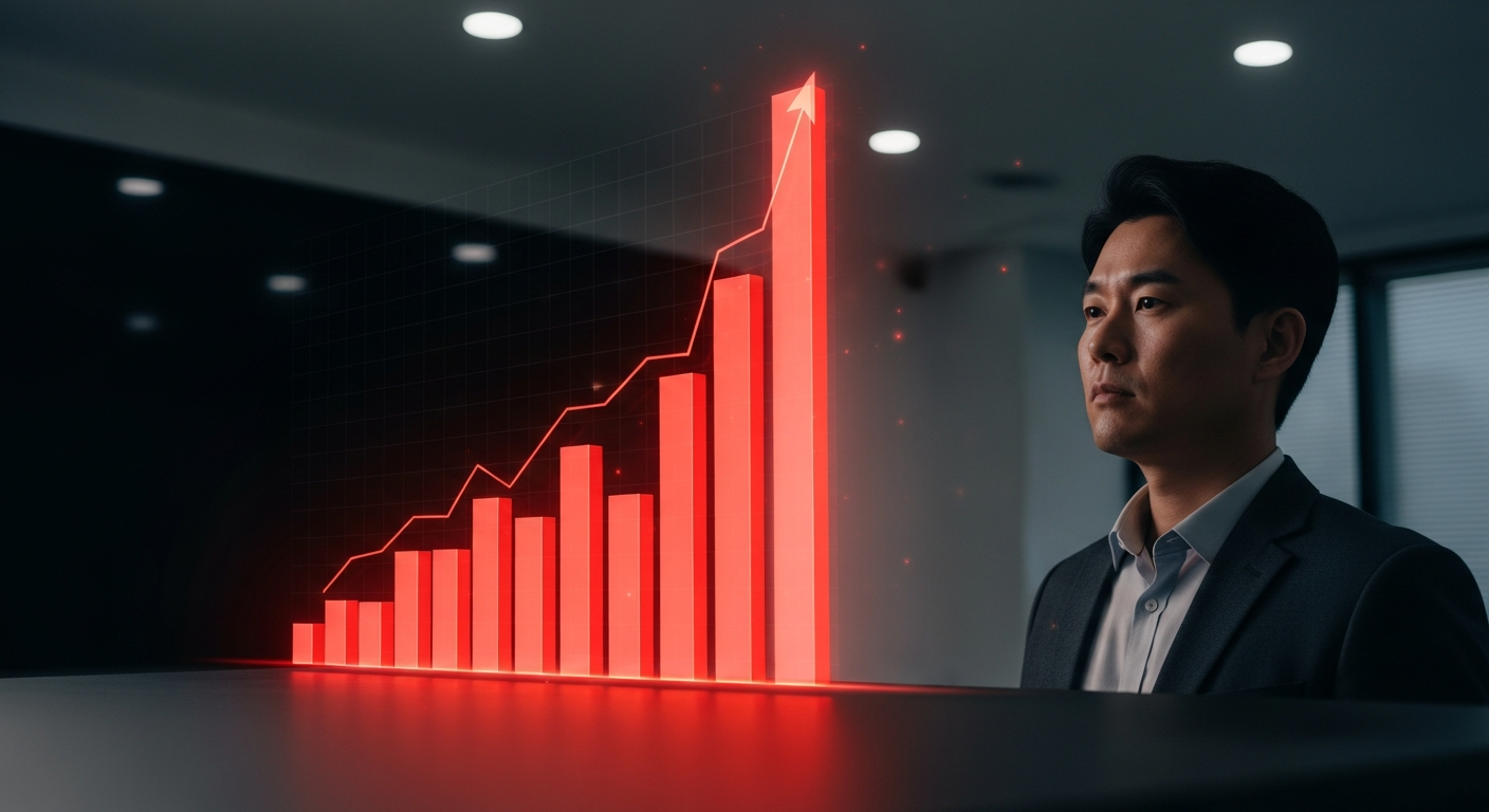 전력 소비량을 나타내는 빨간색의 급격한 상승 추세를 보여주는 디지털 3D 막대 그래프 홀로그램. 검은 머리의 젊어 보이는 중년 한국인 남성 전문가가 현대적인 회의실에서 진지한 표정으로 그래프를 분석하고 있다. 홀로그램 배경은 검은 화면.