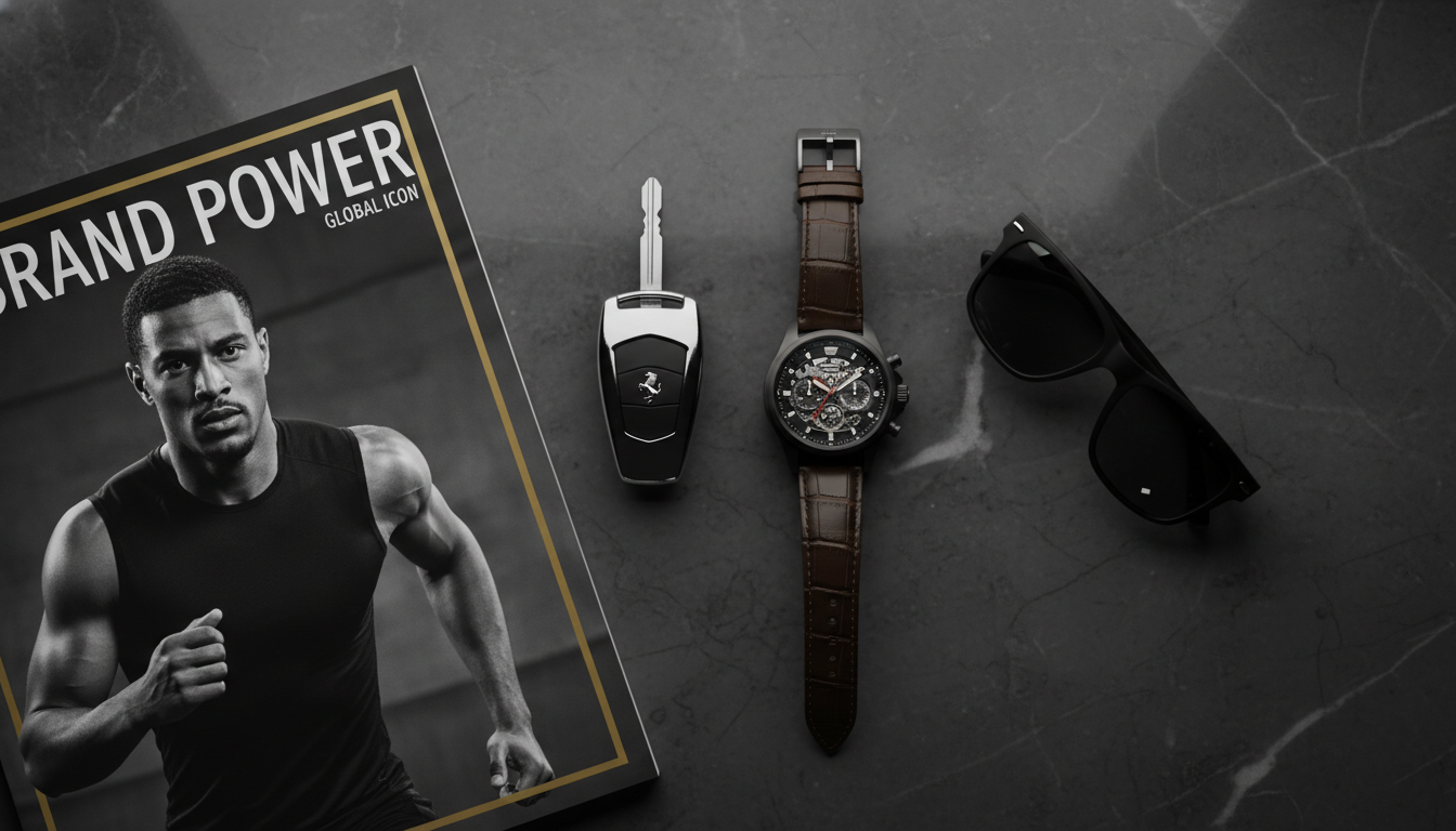 고급 스포츠카 키, 명품 시계, 선글라스와 함께 브랜드 파워를 의미하는 영문 잡지가 대리석 테이블 위에 놓여 있는 럭셔리 이미지