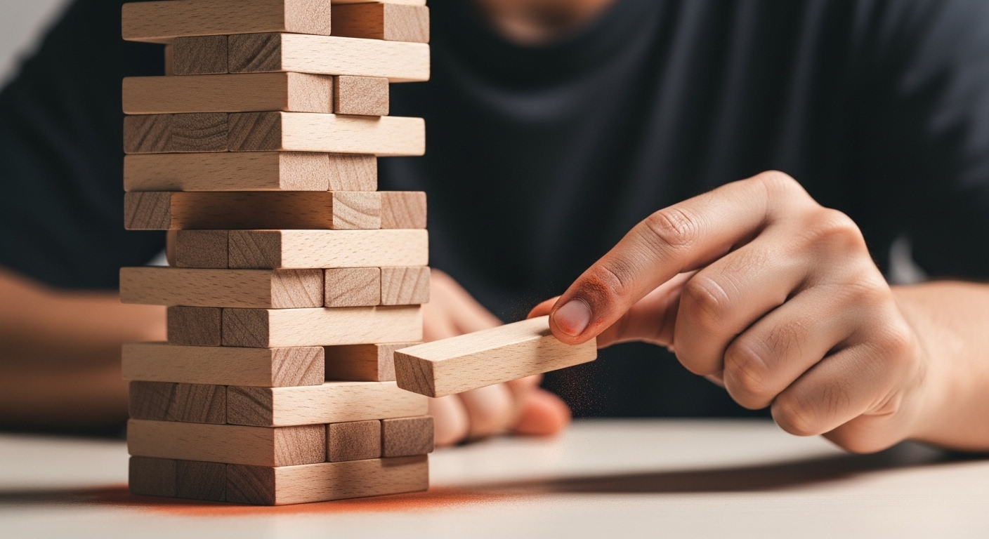 블록 쌓기 중 하나를 떨어뜨렸지만 다시 주워 올리는 사람의 모습으로, 실패를 통한 배움과 회복탄력성을 상징하는 그림