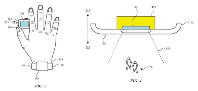 플워치를 밴드에서 분리한 모습(왼쪽)과 카메라의 시야각을 보여주는 단면. [미국 특허청 제공]