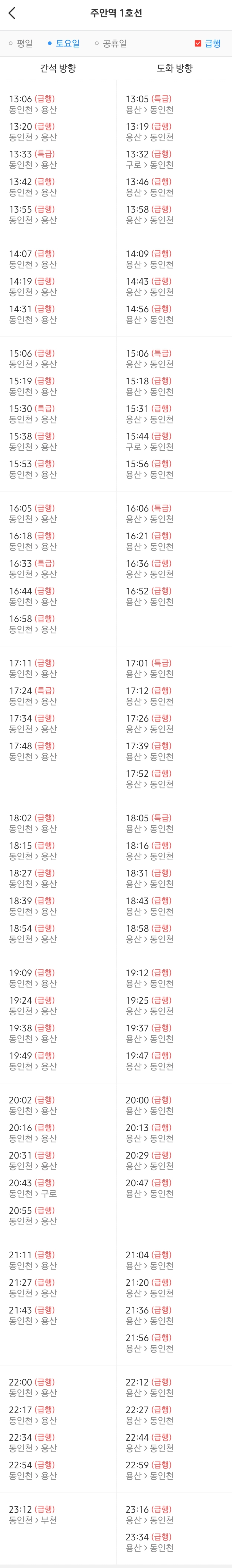 1호선 주안역 급행/특급열차 토요일 오전 시간표