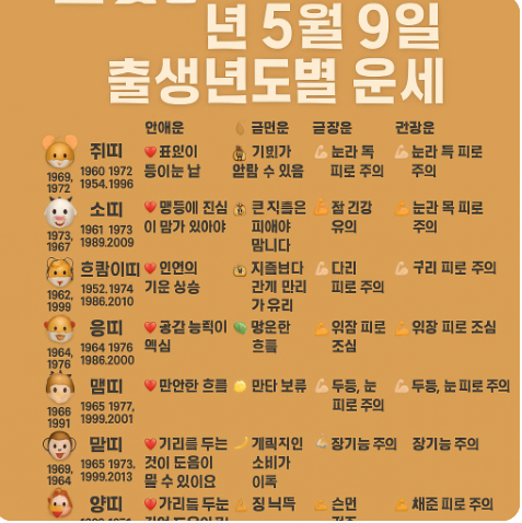 2025년 5월 9일 띠별운세