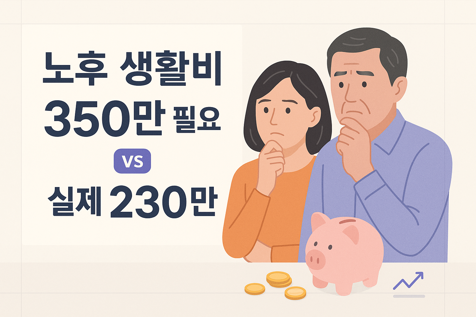 ‘노후 생활비 350만 vs 230만’ 문구를 보는 중장년 부부의 고민이 담긴 썸네일 이미지
