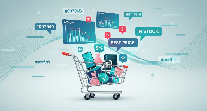 가격 추적 AI와 재고 알림 기능을 활용하여 스마트하게 쇼핑하는 미래형 쇼핑 카트의 모습.