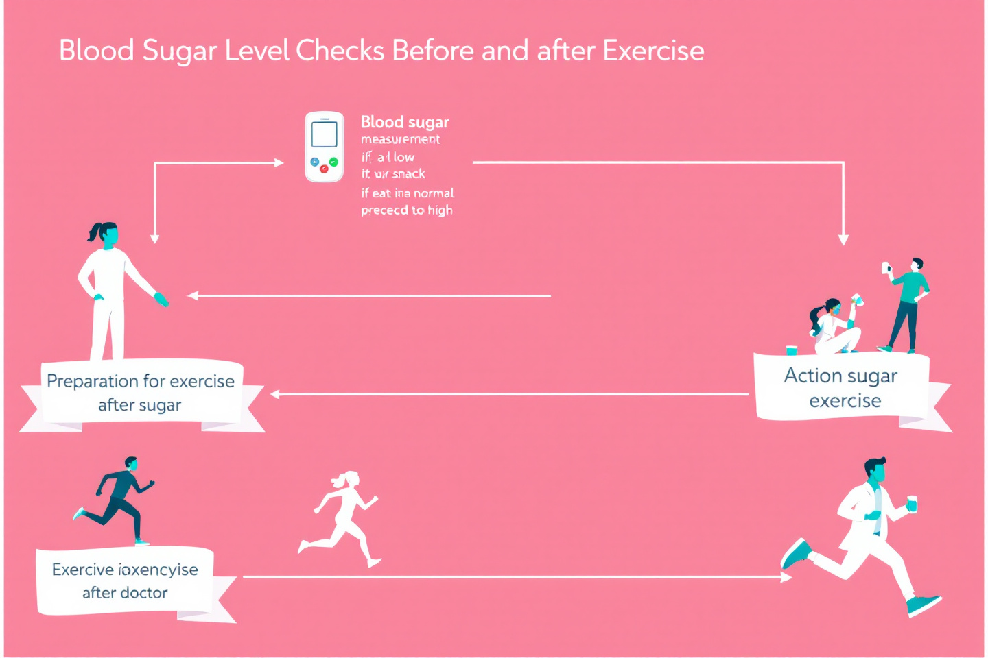 "운동 전후 혈당 체크 흐름도를 나타낸 다이어그램: 운동 준비 → 측정 → 기준별 행동 → 운동 → 운동 후 측정 → 대응"