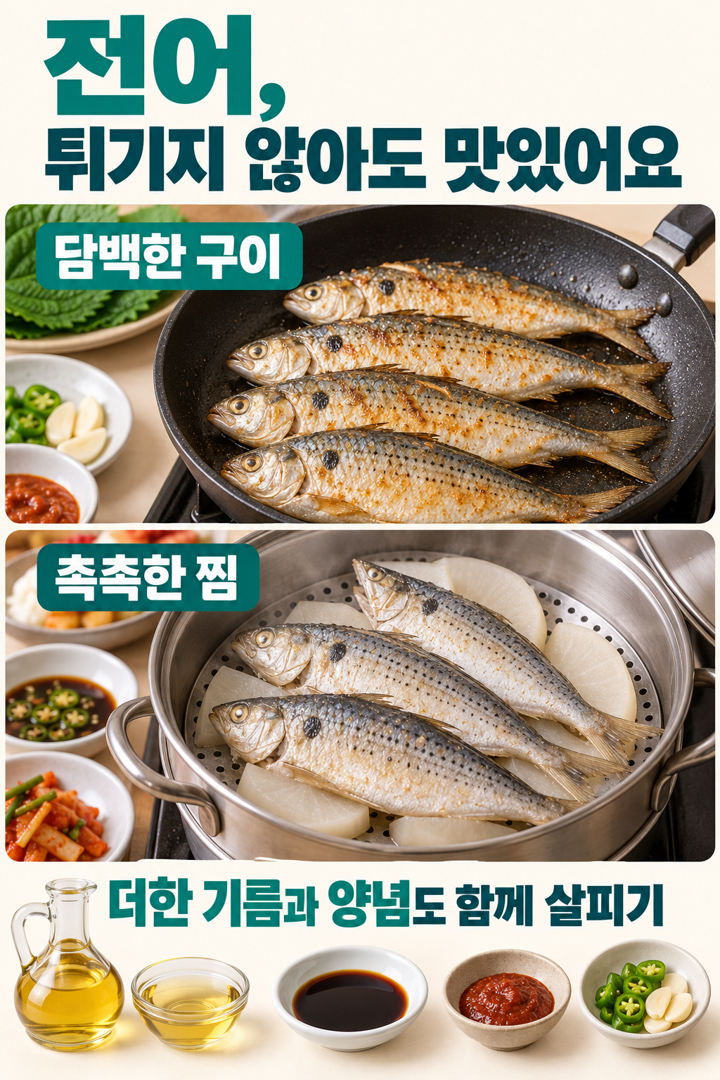 팬에서 담백하게 구운 전어와 채소를 곁들여 충분히 찐 전어를 나란히 비교하는 실사 조리 예.
