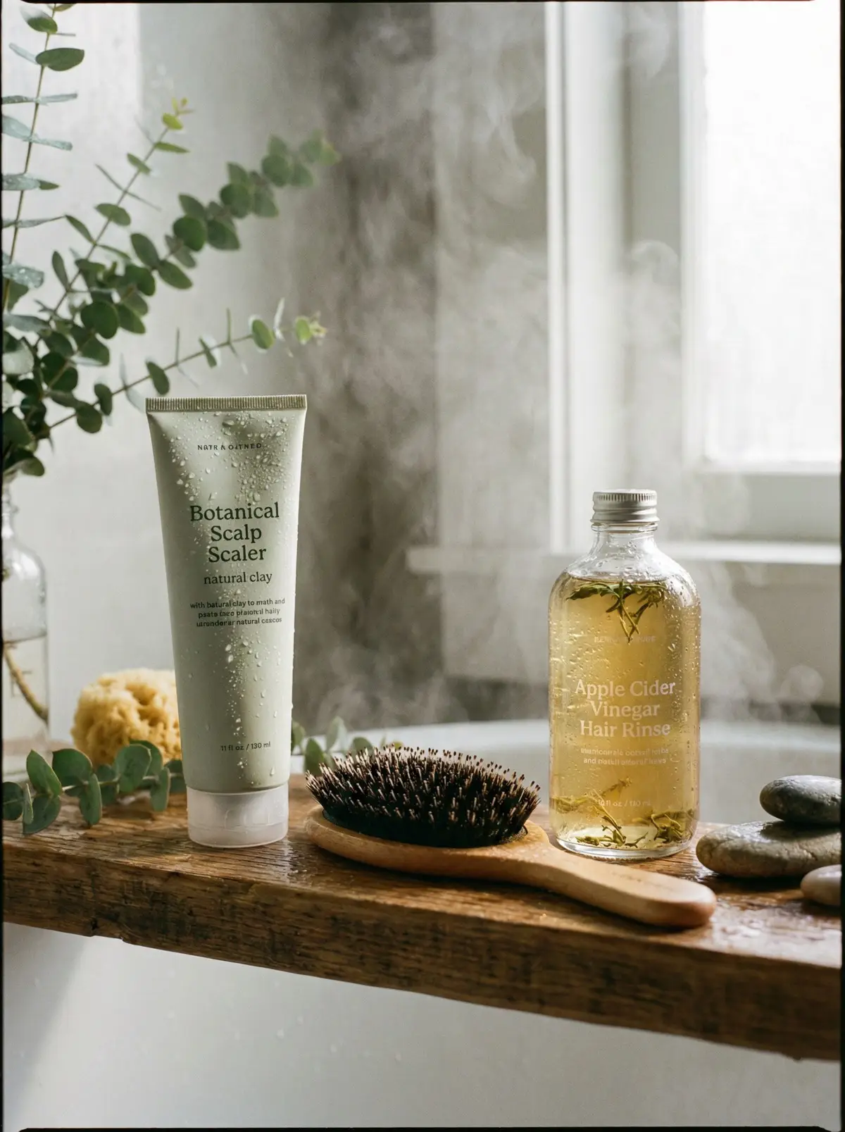 샴푸 브러시, 두피 스케일러, 허브 식초 등 두피 케어 제품들이 놓인 욕실