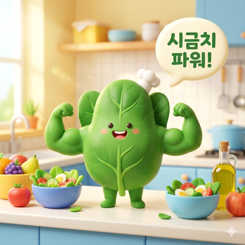 활기찬 주방에서 힘을 과시하는 행복한 시금치 캐릭터와 건강한 식재료들, 시금치 효능 강조.