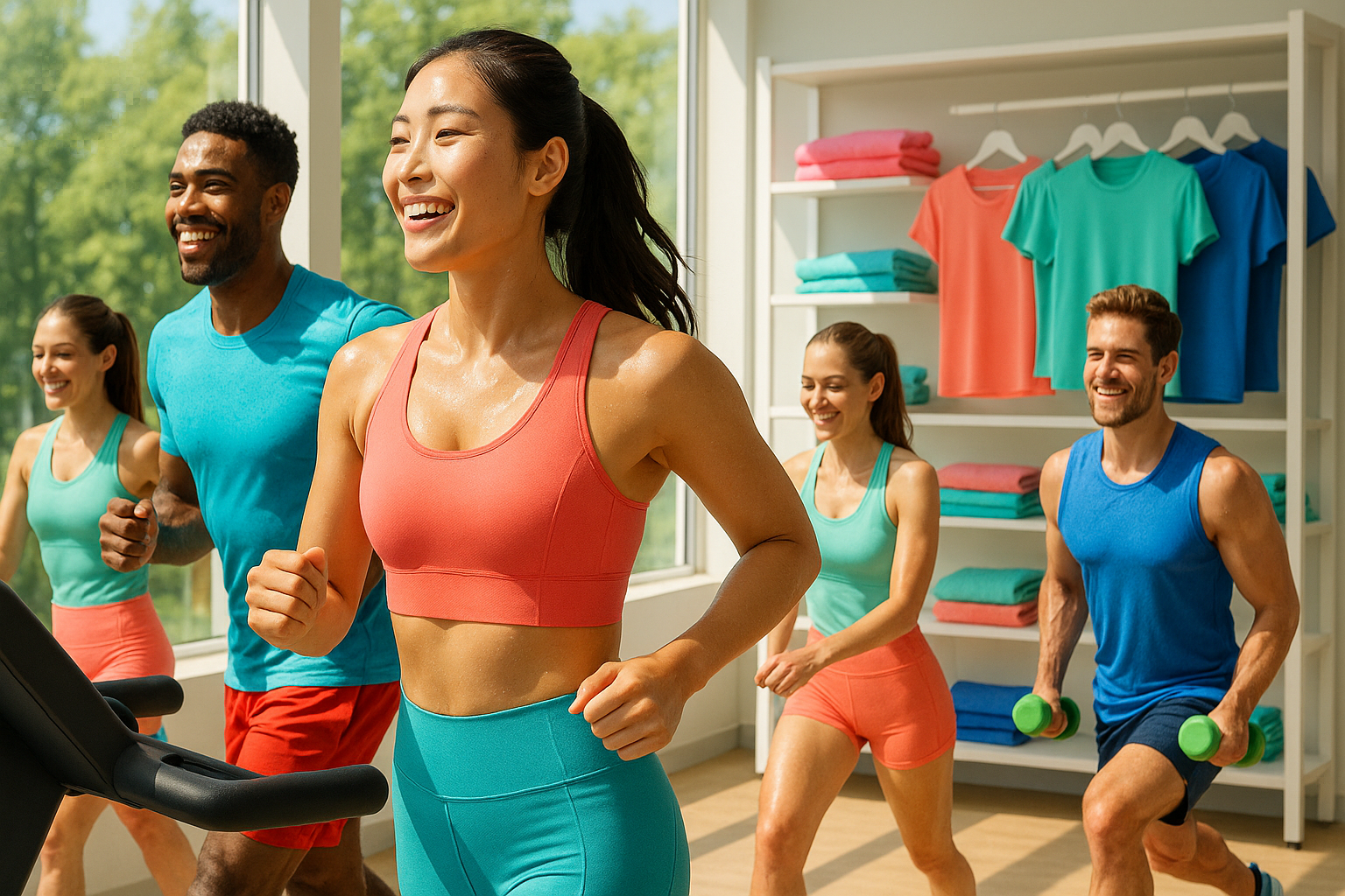 여름 운동복을 입은 건강한 사람들이 밝은 스포츠센터나 야외에서 운동하는 모습
