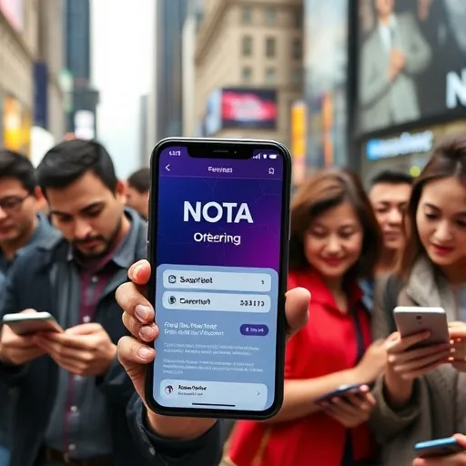 증권사 모바일 앱에서 '노타 공모주' 청약 화면이 띄워져 있고, 동시에 여러 사람이 스마트폰을 보며 투자 정보를 확인하는 모습입니다. 공모주 시장의 뜨거운 관심과 대중적인 참여 열기를 나타냅니다.